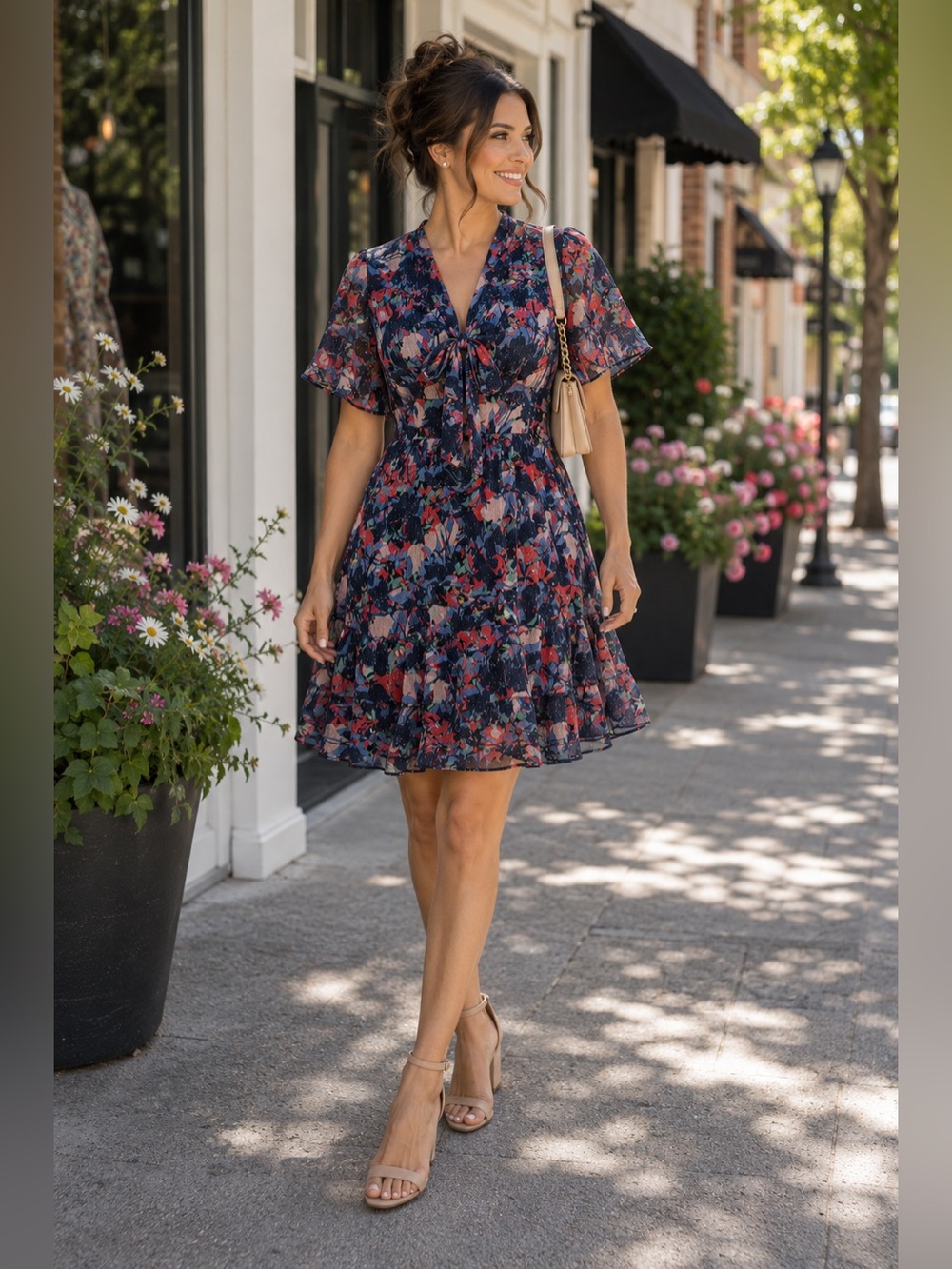 Harlyn Navy Multi Abstract Floral Metallic Chiffon Tie Front Dress NWT Size L